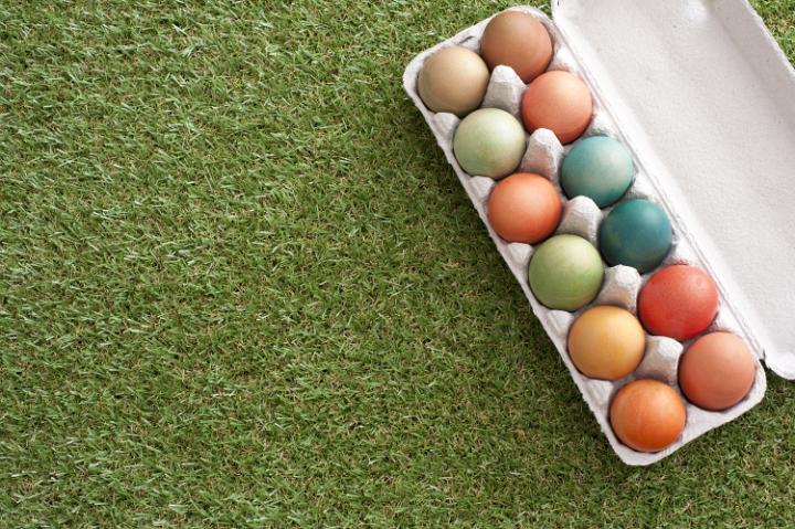 colour_eggs.jpg - Top view of open white box with bright colorful eggs inside on green grass surface. Copy space