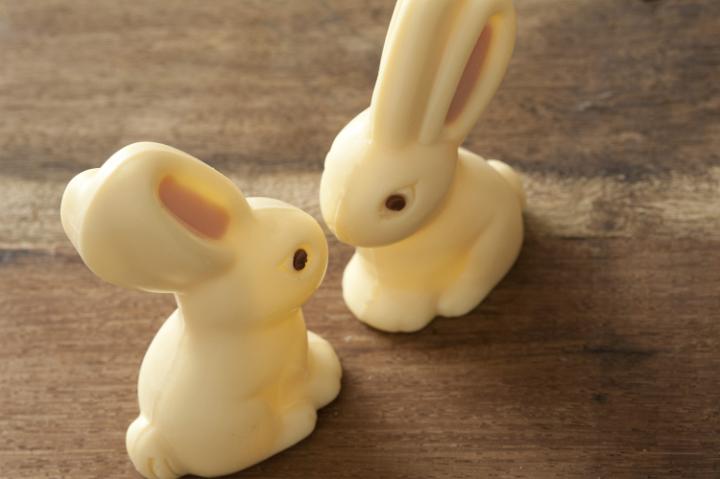 easter_chocolate_bunnies.jpg - Slanted view of two white chocolate candy bunnies facing each other and placed on a wooden table top
