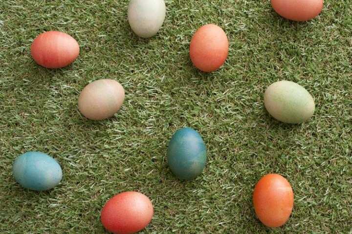 easter_eggs_background.jpg - Ten colorful Easter eggs placed gently on grass as seen from an overhead view