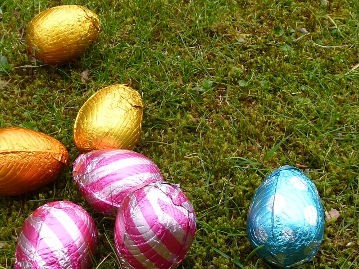 foil_chocolate_eggs.jpg - Several chocolate Easter eggs in colorful foil sitting on fresh grass and moss in springtime, viewed in close-up with copy space