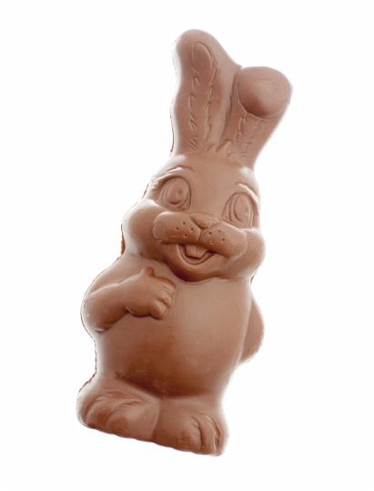 chocolate_easter_bunny.jpg - Cute fat happy chocolate bunny Easter egg at a tilted angle isolated on white with copy space for your holiday greeting